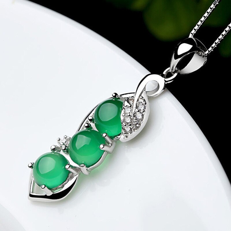 Green Bean Pendant Sterling Silver Necklace with Zirconia Stone