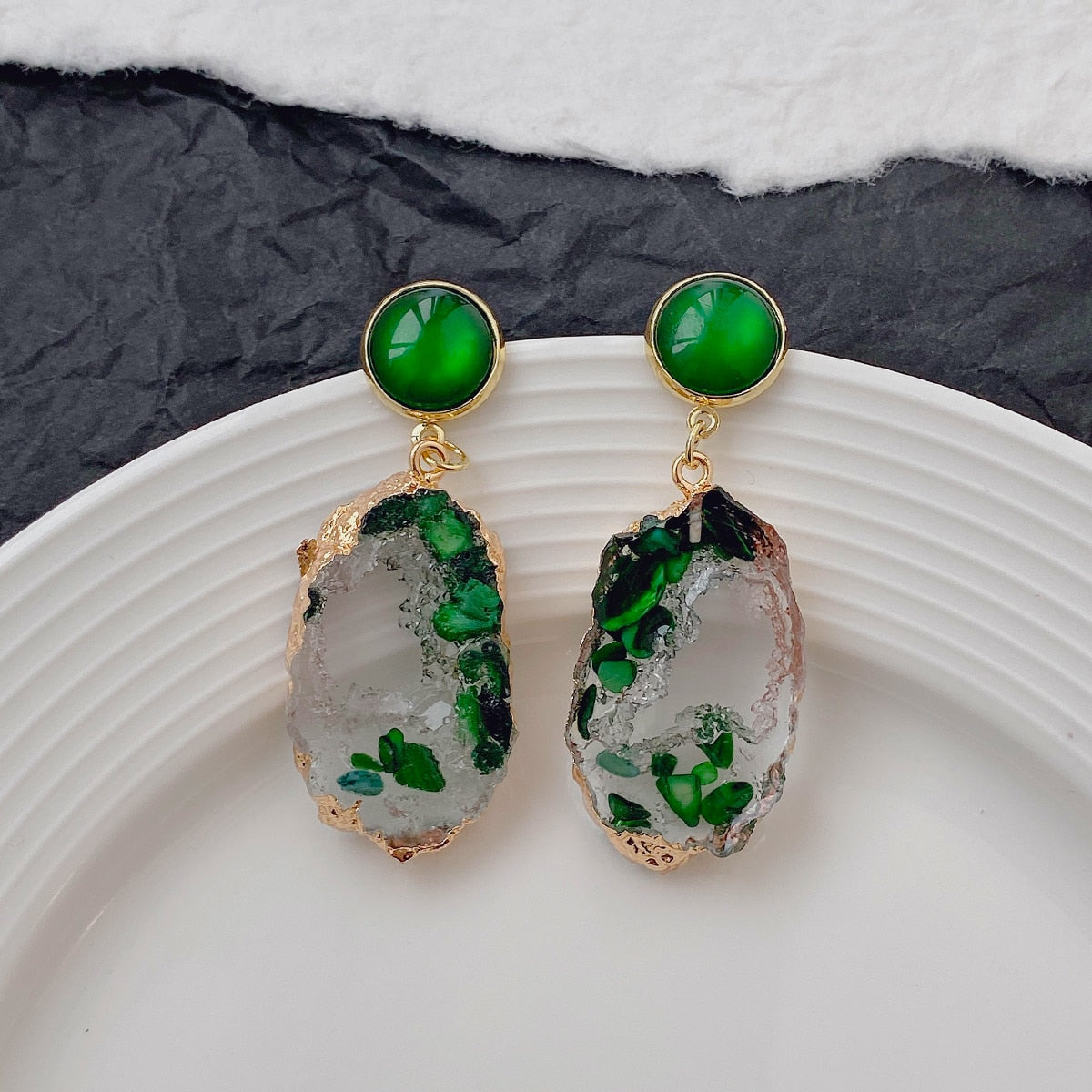 Green Geometric Resin Drop Earrings