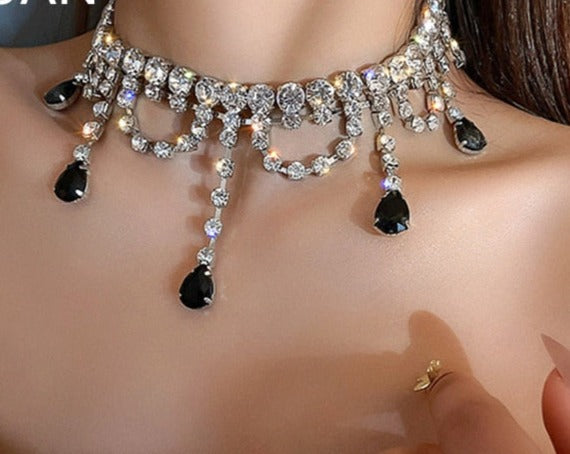 Elegant Vintage Black Waterdrop Crystal Choker Necklace