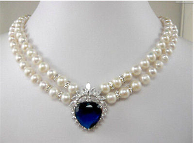 white pearl blue heart crystal pendant necklace