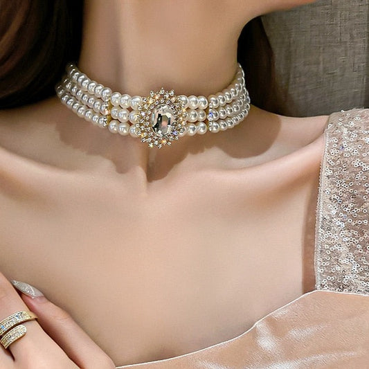 Elegant Crystal Simulated Pearl Choker Necklace