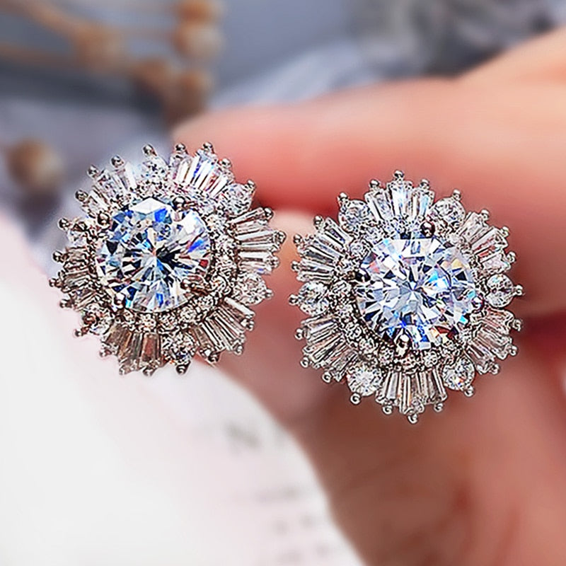 Floral Geometric Cubic Zirconia Stud Earrings