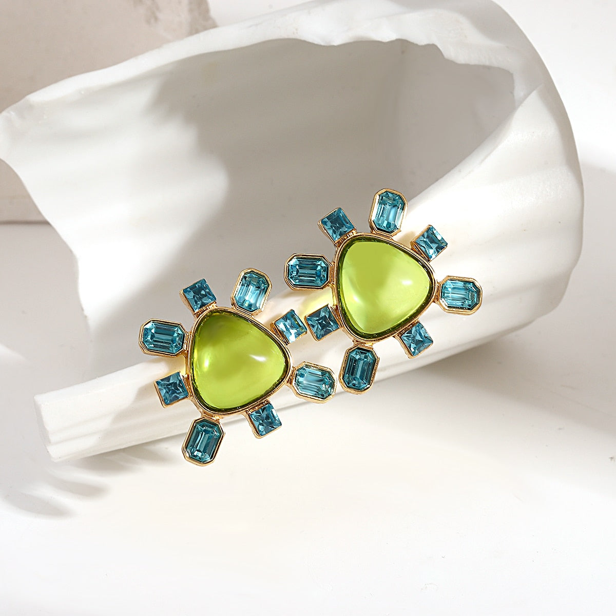 Geometric Crystal Flower Green Stud Earrings