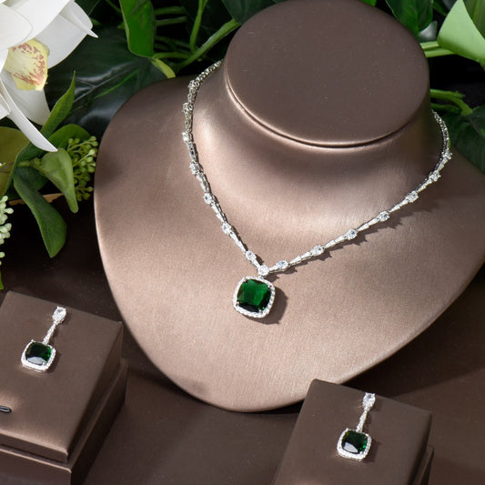 Green Square Cubic Zirconia Jewelry Set with Necklace and Earrings