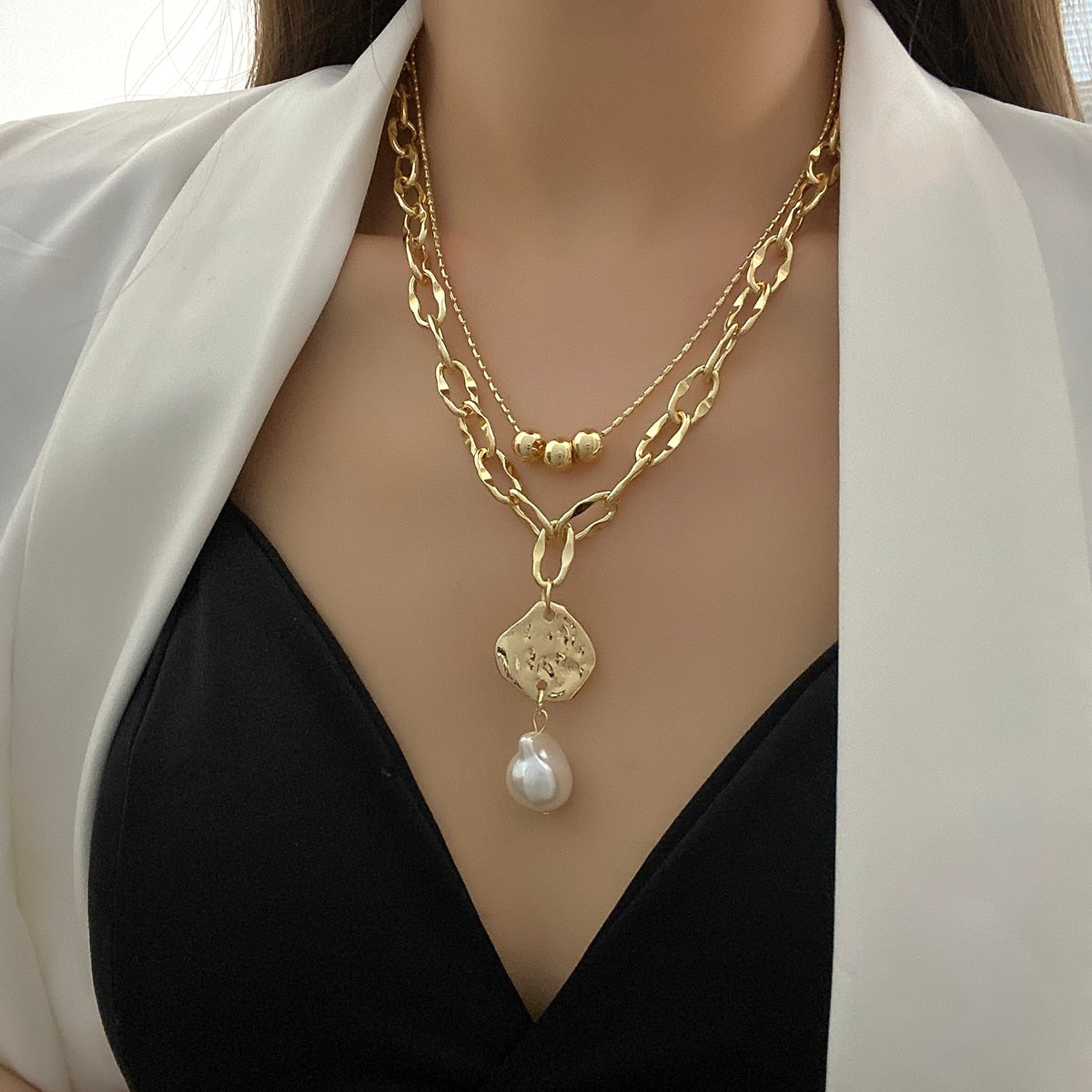 Layered Shell Link Chain Lock Heart Necklace