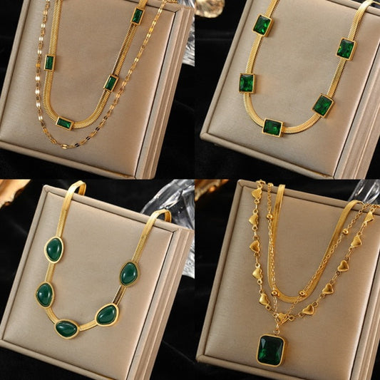 Green Zirconia Stainless Steel Geometric Chain Choker Necklace