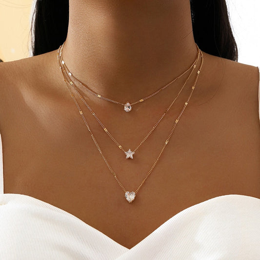 Crystal Zircon Heart Star Charm Layered Pendant Necklace Set