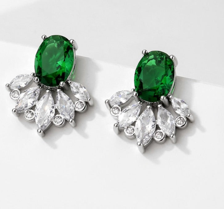 Green Oval Cubic Zircon Stud Earrings with White and Green Flower Design